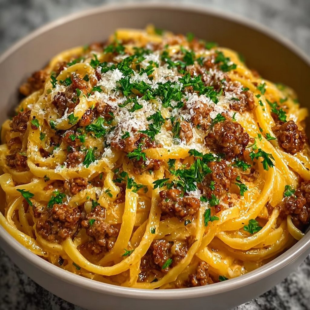Savory Garlic Butter Ground Beef Linguine in Creamy Parmesan Sauce