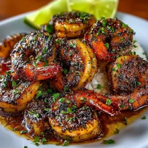 Plate of irresistible Caribbean jerk shrimp served with fresh herbs and spices