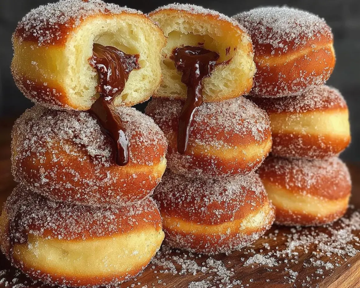Delicious Italian bomboloni filled with cream and sugar on a rustic plate.