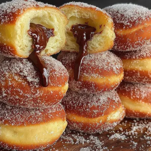 Delicious Italian bomboloni filled with cream and sugar on a rustic plate.