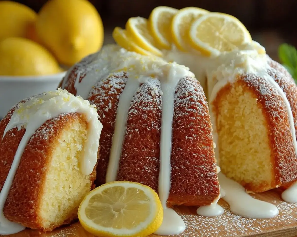Slice of Italian Lemon Pound Cake with a lemon wedge on a rustic table