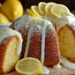 Slice of Italian Lemon Pound Cake with a lemon wedge on a rustic table