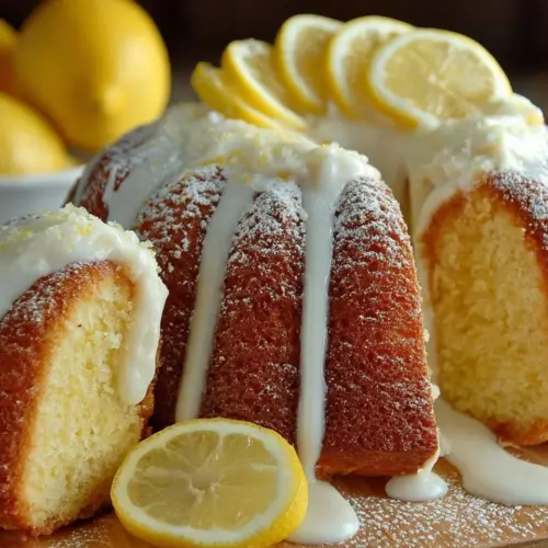 Slice of Italian Lemon Pound Cake with a lemon wedge on a rustic table