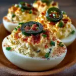 Jalapeño popper deviled eggs topped with bacon and jalapeño slices.