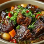 A bowl of Jamaican Oxtail Stew garnished with herbs and served with rice.