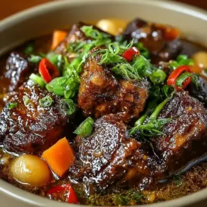A bowl of Jamaican Oxtail Stew garnished with herbs and served with rice.