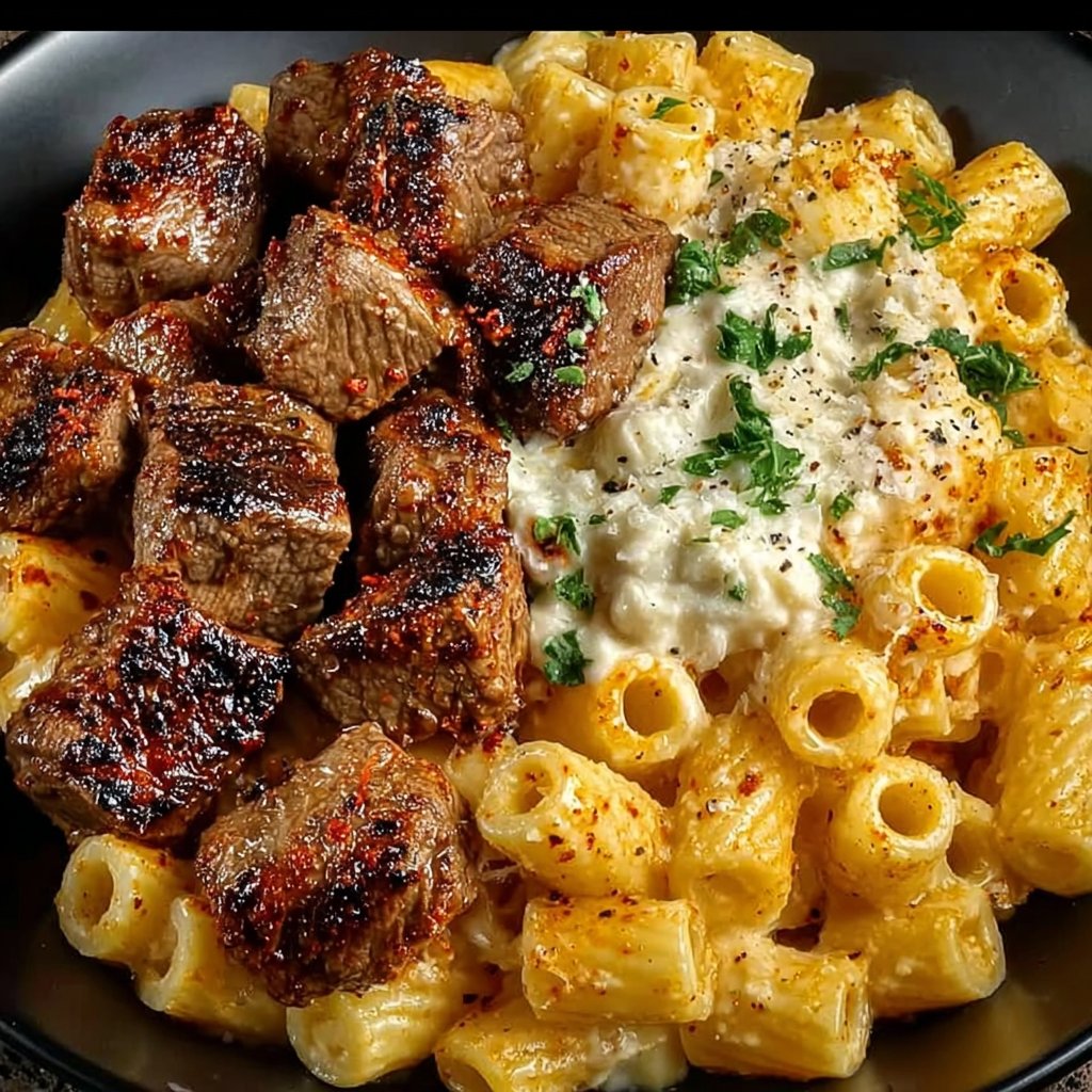 Cajun Beef Tips with Cheesy Rigatoni Parmesan Sauce