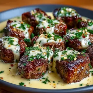 Juicy garlic butter steak bites drizzled with rich Parmesan cream sauce