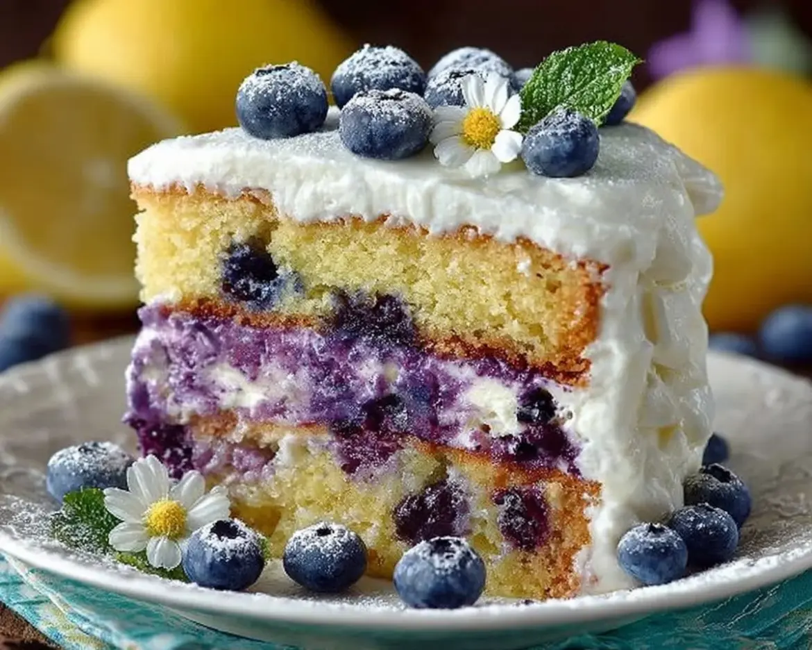 Lemon blueberry cake with cream cheese frosting on a plate