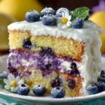 Lemon blueberry cake with cream cheese frosting on a plate