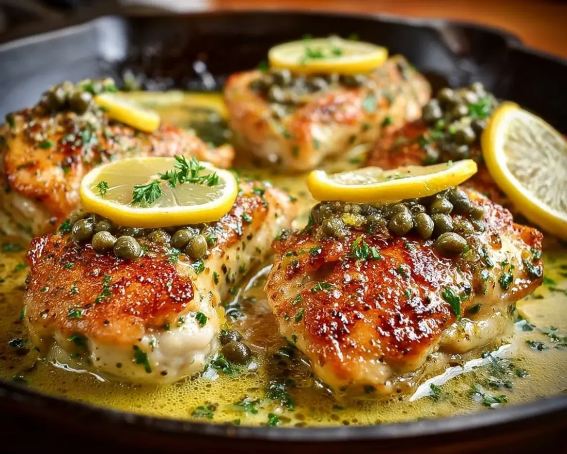 Lemon Chicken Piccata with capers and fresh herbs on a plate