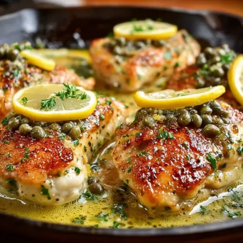Lemon Chicken Piccata with capers and fresh herbs on a plate