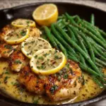 Lemon Garlic Butter Chicken served with green beans in a skillet.