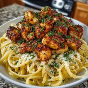 Lemon Garlic Butter Chicken with Parmesan Linguine on a plate