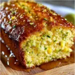 Sliced Lemon Zucchini Bread on a wooden table with lemon slices