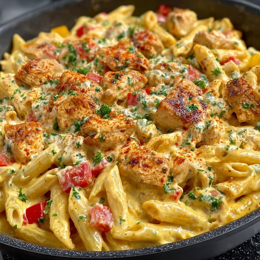 Cheesy Queso Chicken Penne Skillet