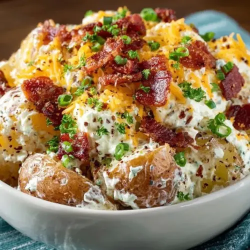 Creamy loaded baked potato salad topped with cheese, bacon, and green onions