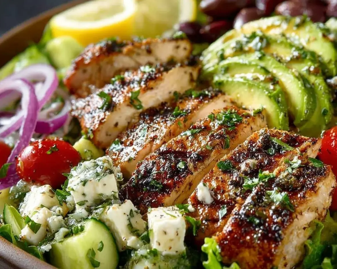 Loaded Greek Chicken Avocado Salad with fresh vegetables and dressing