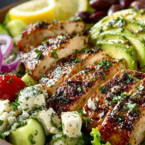 Loaded Greek Chicken Avocado Salad with fresh vegetables and dressing