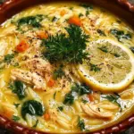 Bowl of luscious lemon chicken orzo soup garnished with fresh herbs.