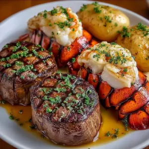 Luxurious surf and turf plate featuring filet mignon and lobster tail
