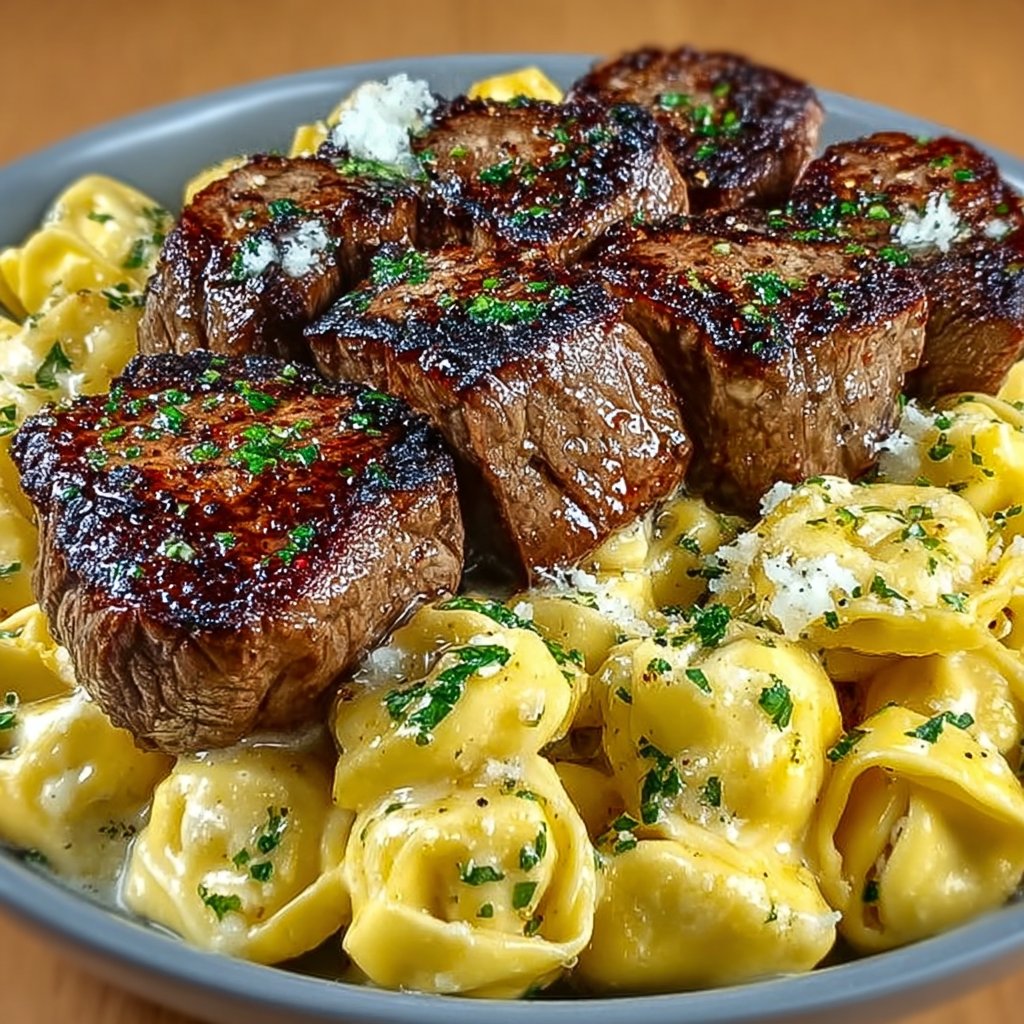 Tender Garlic Butter Steak with Cheesy Alfredo Tortellini