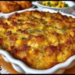 Mama's delicious cornbread dressing served on a festive table.