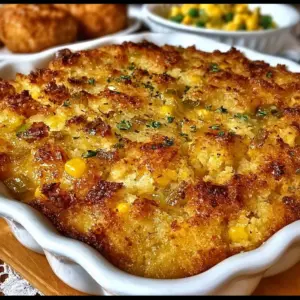 Mama's delicious cornbread dressing served on a festive table.