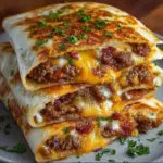 Maple Bacon Cheeseburger Quesadillas served with dipping sauce on a plate
