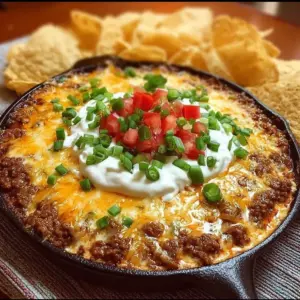 Delicious Meaty Texas Trash Dip served in a bowl with tortilla chips