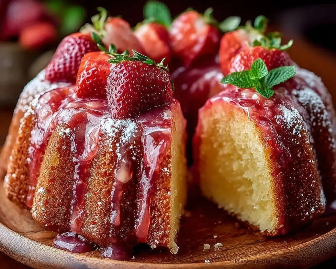 Melt in Your Mouth Strawberry Buttermilk Pound Cake dessert on a plate