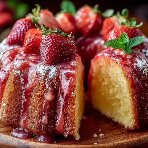 Melt in Your Mouth Strawberry Buttermilk Pound Cake dessert on a plate