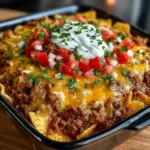 Delicious Mexican casserole baked with layers of tortillas, cheese, and toppings