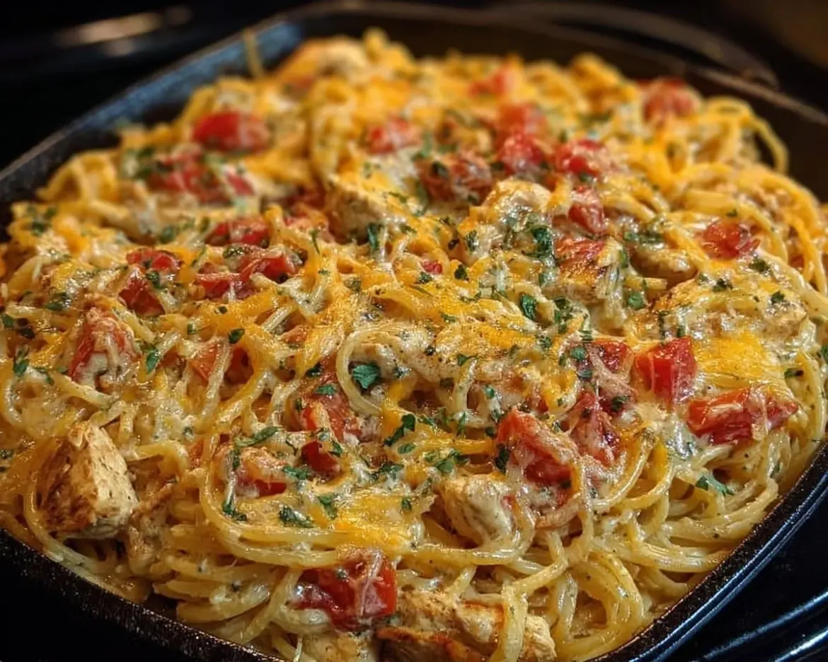 Bowl of spicy Mexican chicken spaghetti with toppings.