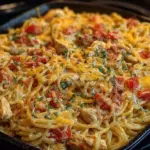 Bowl of spicy Mexican chicken spaghetti with toppings.