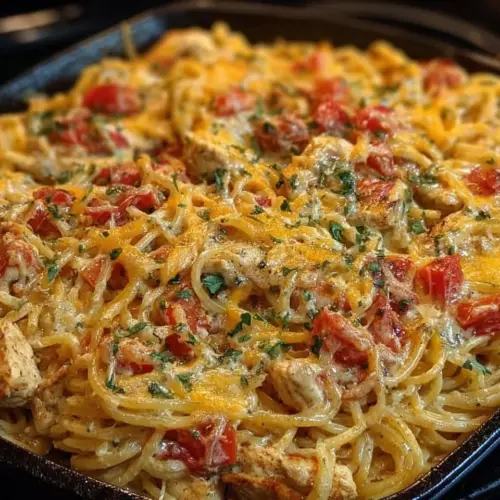 Bowl of spicy Mexican chicken spaghetti with toppings.