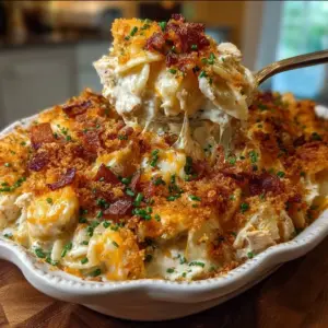 Delicious Million Dollar Chicken Casserole served in a baking dish