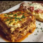 Delicious Million Dollar Lasagna layered with cheese and rich sauce.