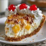 Delicious slice of Million Dollar Pie garnished with whipped cream and nuts.