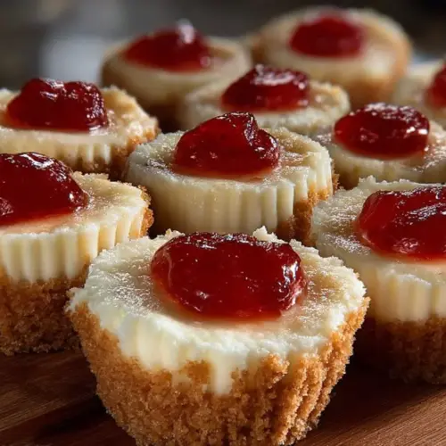 Delicious mini cheesecakes with various toppings on a dessert table