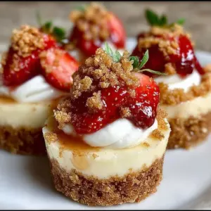 Mini strawberry crunch cheesecake bites on a plate, delicious dessert treat