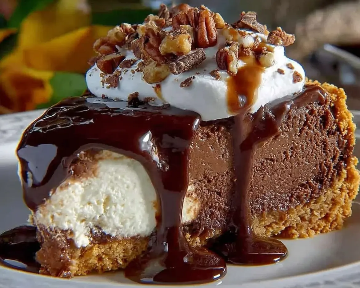 Delicious slice of Mississippi Mud Cheesecake with chocolate topping and graham crust.