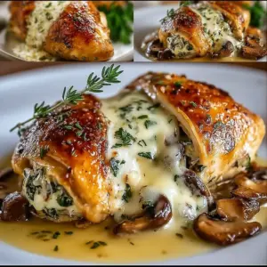 Mushroom and cheese stuffed chicken with garlic butter sauce