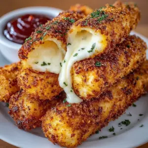 Delicious Nashville Hot Mozzarella Sticks served with dipping sauce