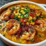 Bowl of New Orleans shrimp and corn bisque garnished with herbs.