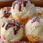 Delicious no-bake cheesecake balls topped with chocolate and sprinkles