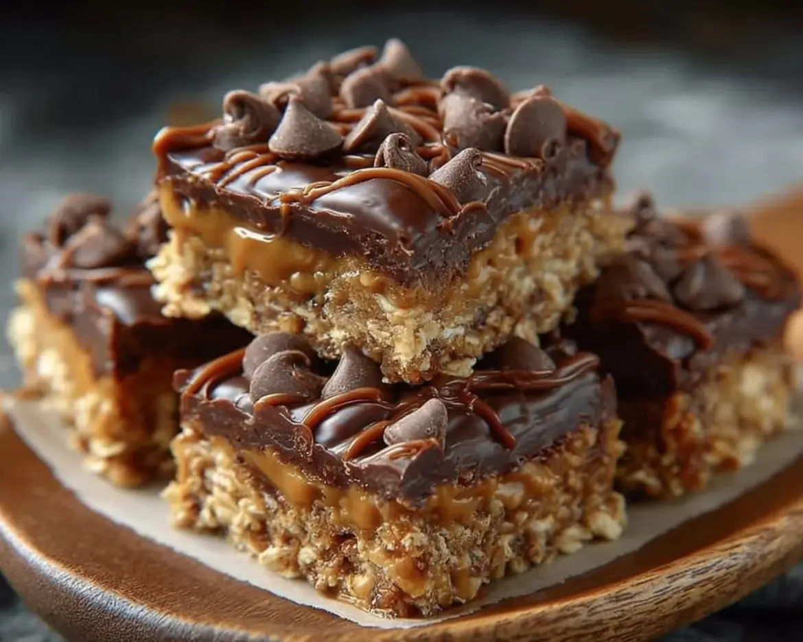 Delicious no-bake chocolate oat bars stacked on a wooden table