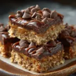 Delicious no-bake chocolate oat bars stacked on a wooden table
