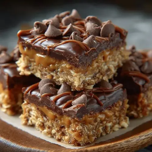 Delicious no-bake chocolate oat bars stacked on a wooden table
