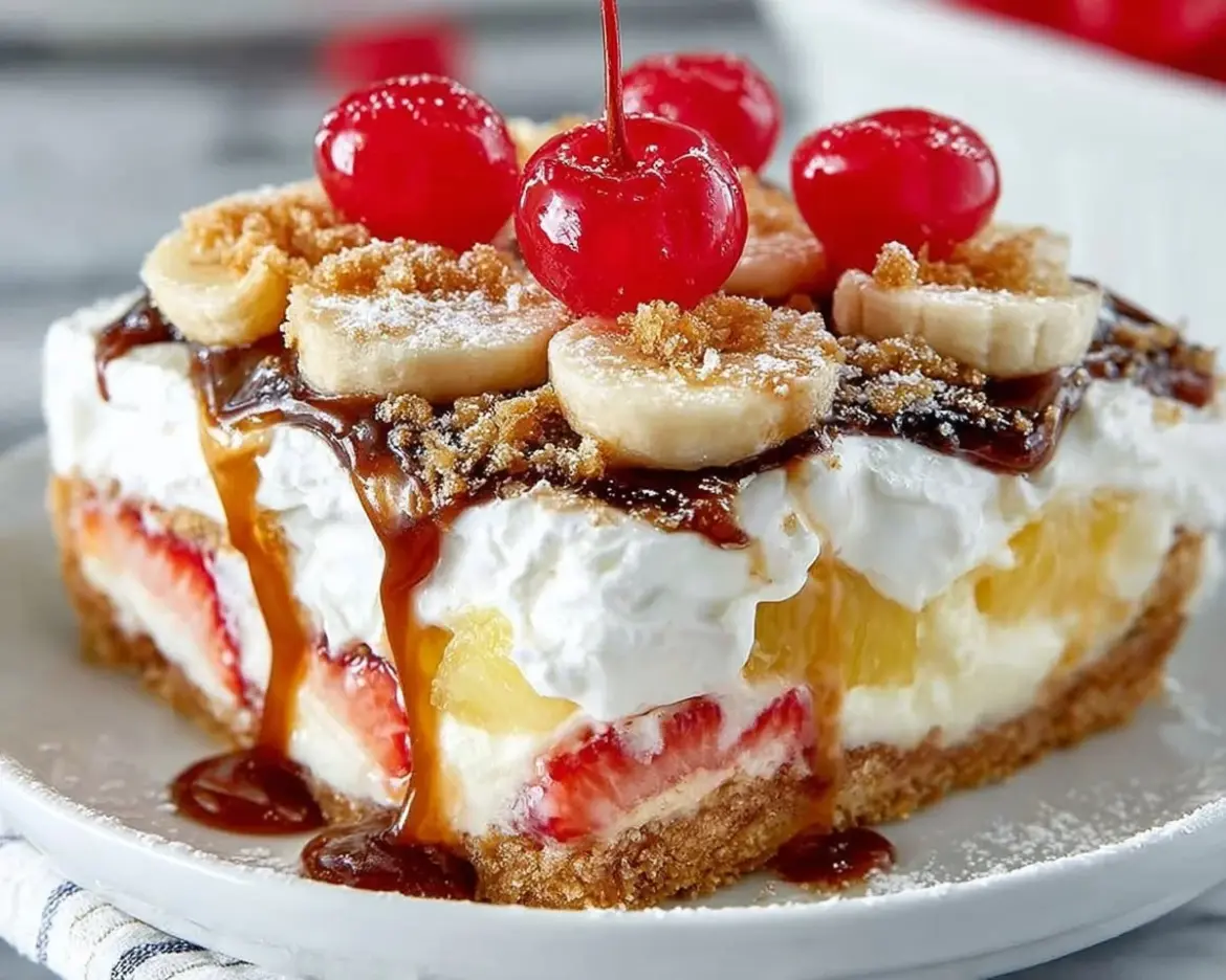 Delicious no-bake cream cheese dessert served in a glass dish